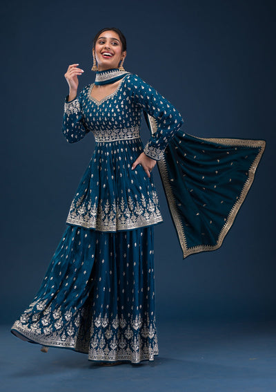 Peacock Blue Zariwork Raw Silk Readymade Salwar Suit-Koskii