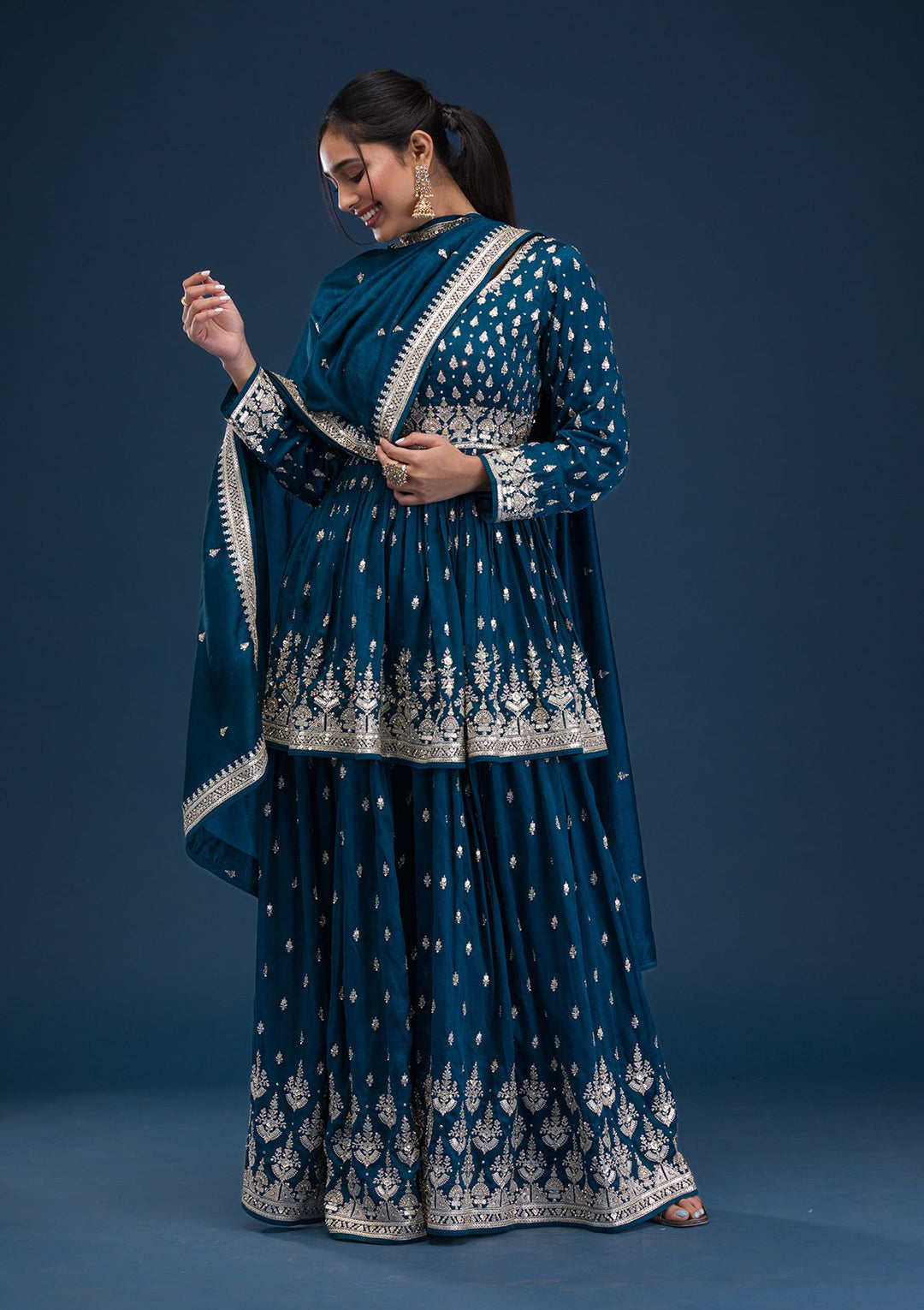 Peacock Blue Zariwork Raw Silk Readymade Salwar Suit-Koskii