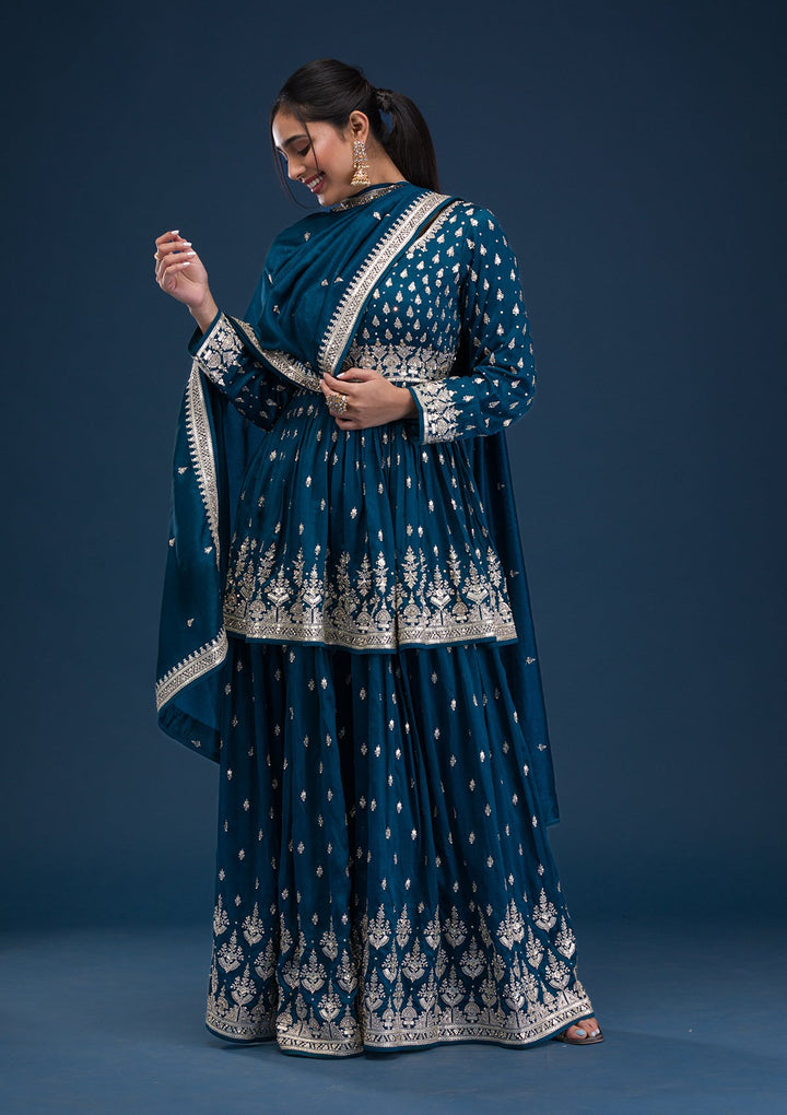 Peacock Blue Zariwork Raw Silk Readymade Salwar Suit-Koskii