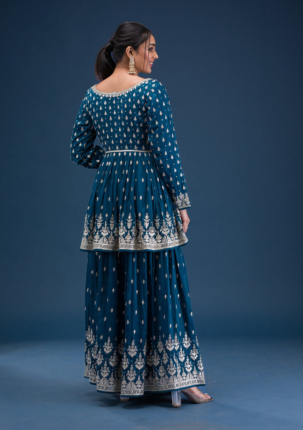 Peacock Blue Zariwork Raw Silk Readymade Salwar Suit-Koskii