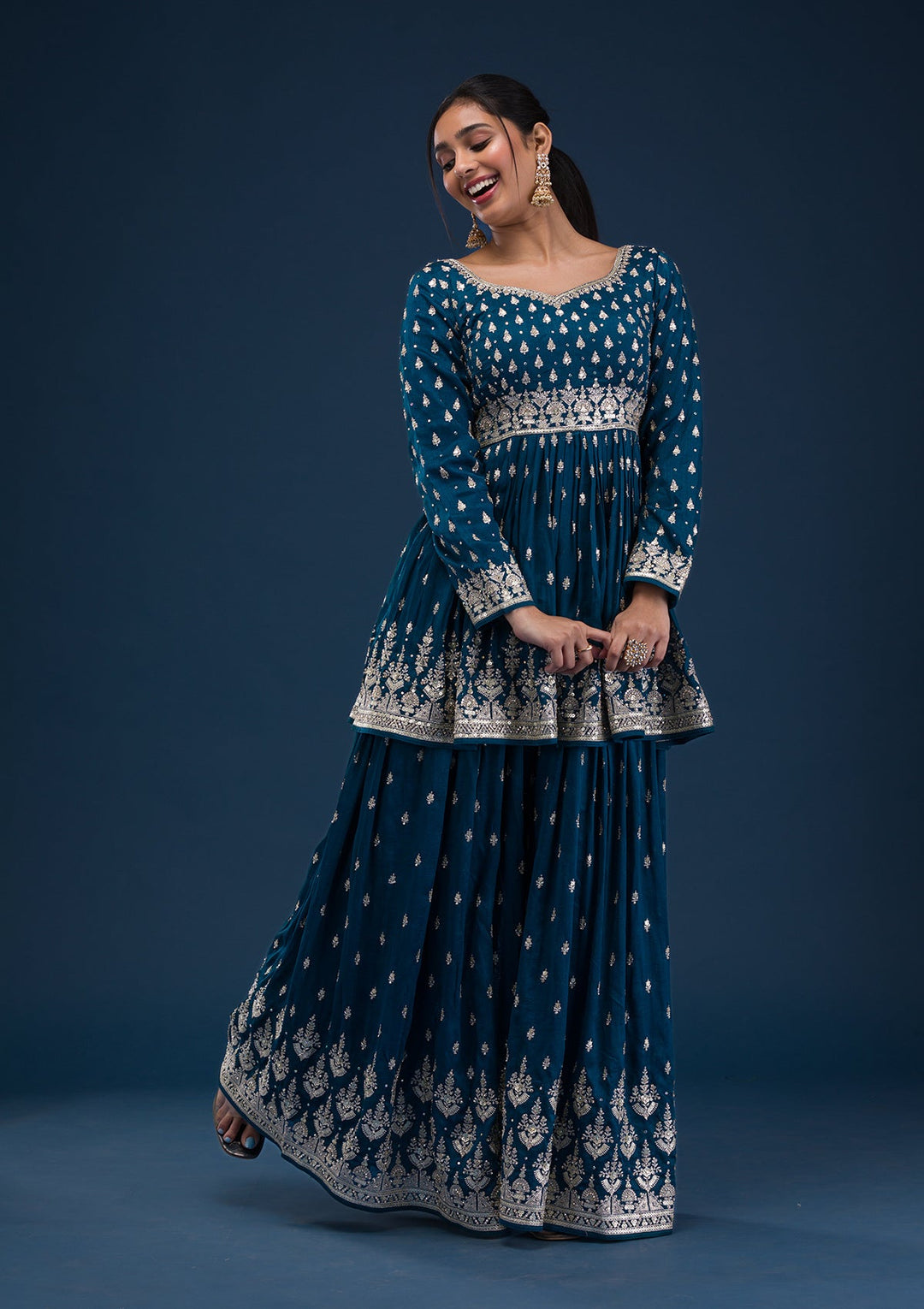 Peacock Blue Zariwork Raw Silk Readymade Salwar Suit-Koskii