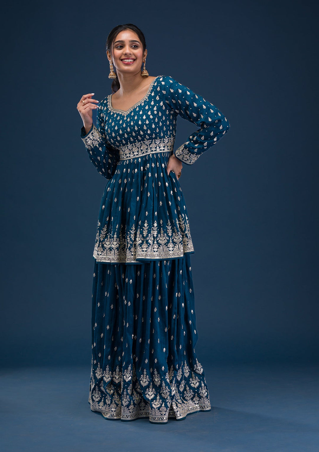Peacock Blue Zariwork Raw Silk Readymade Salwar Suit-Koskii
