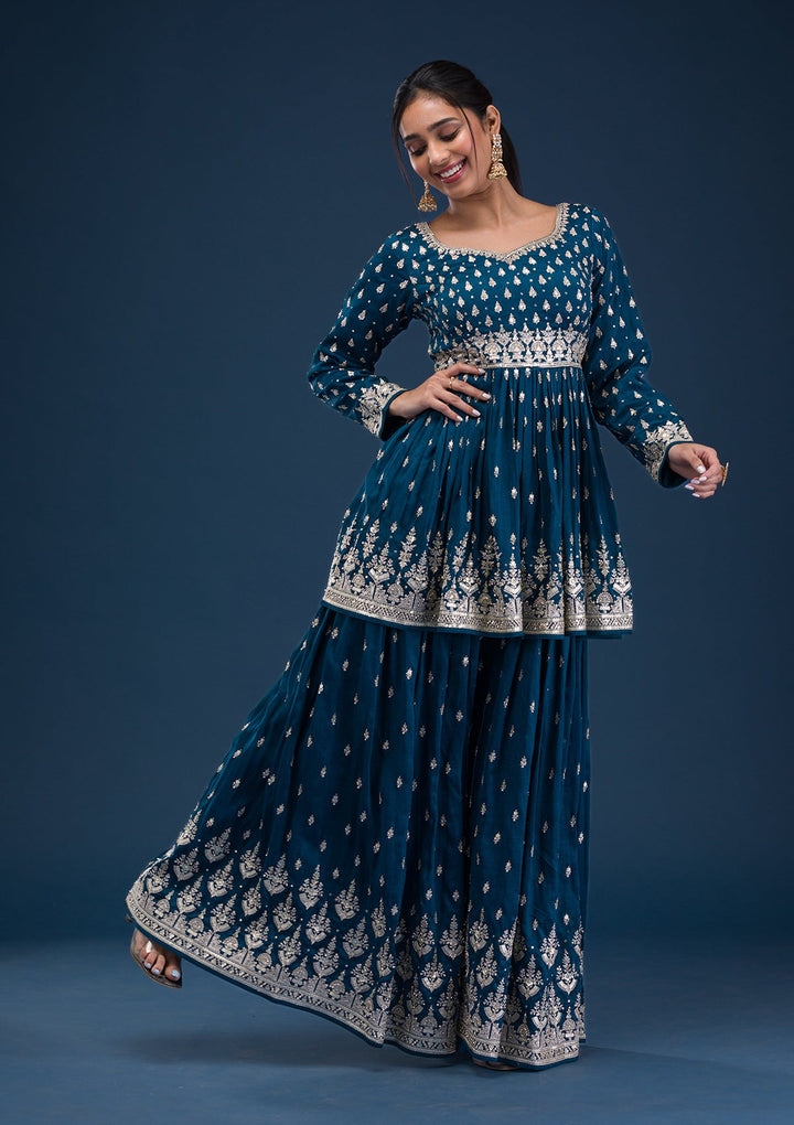 Peacock Blue Zariwork Raw Silk Readymade Salwar Suit-Koskii
