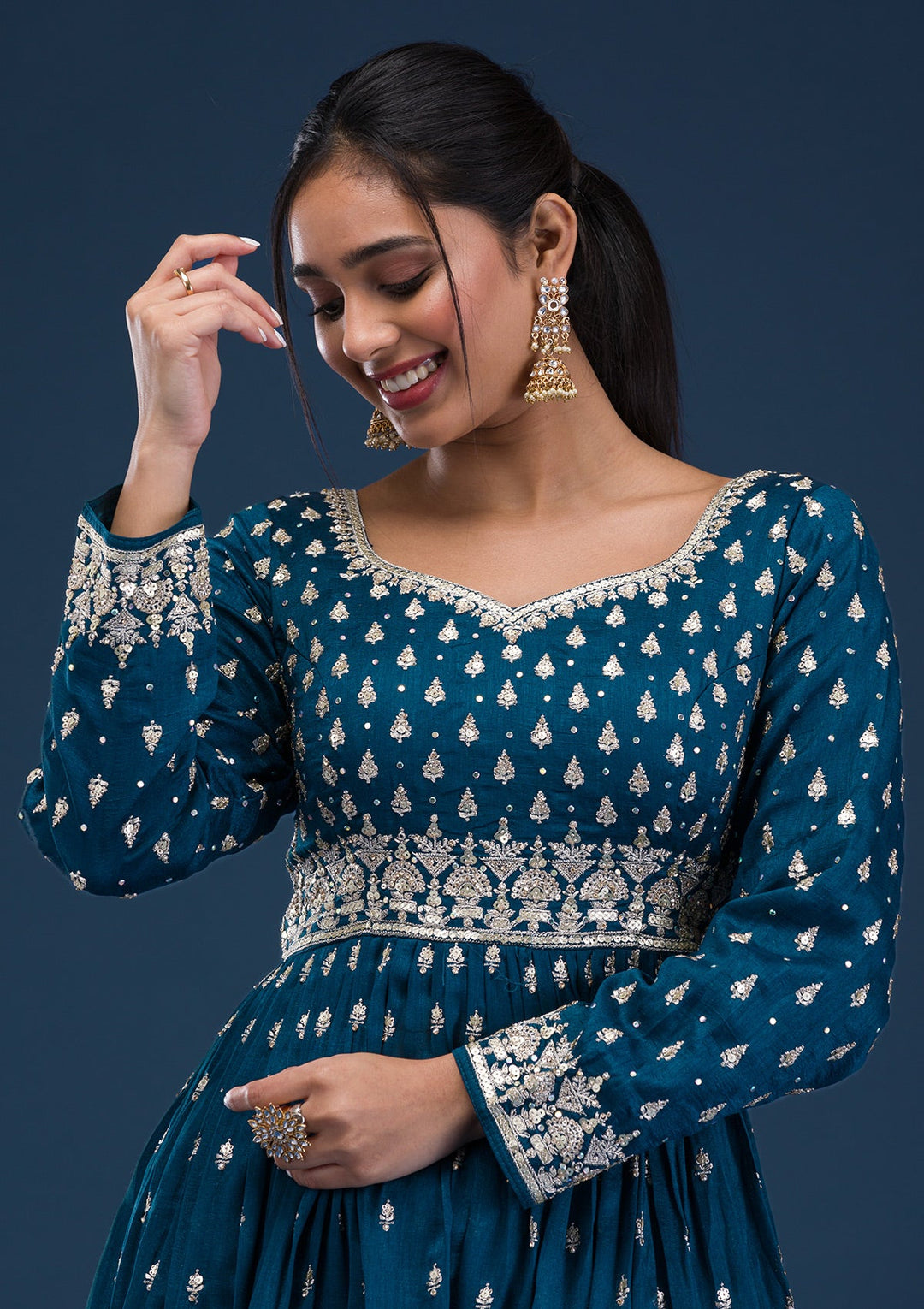 Peacock Blue Zariwork Raw Silk Readymade Salwar Suit-Koskii