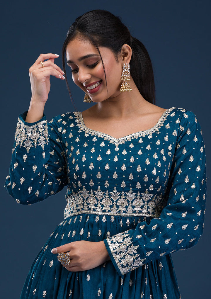 Peacock Blue Zariwork Raw Silk Readymade Salwar Suit-Koskii
