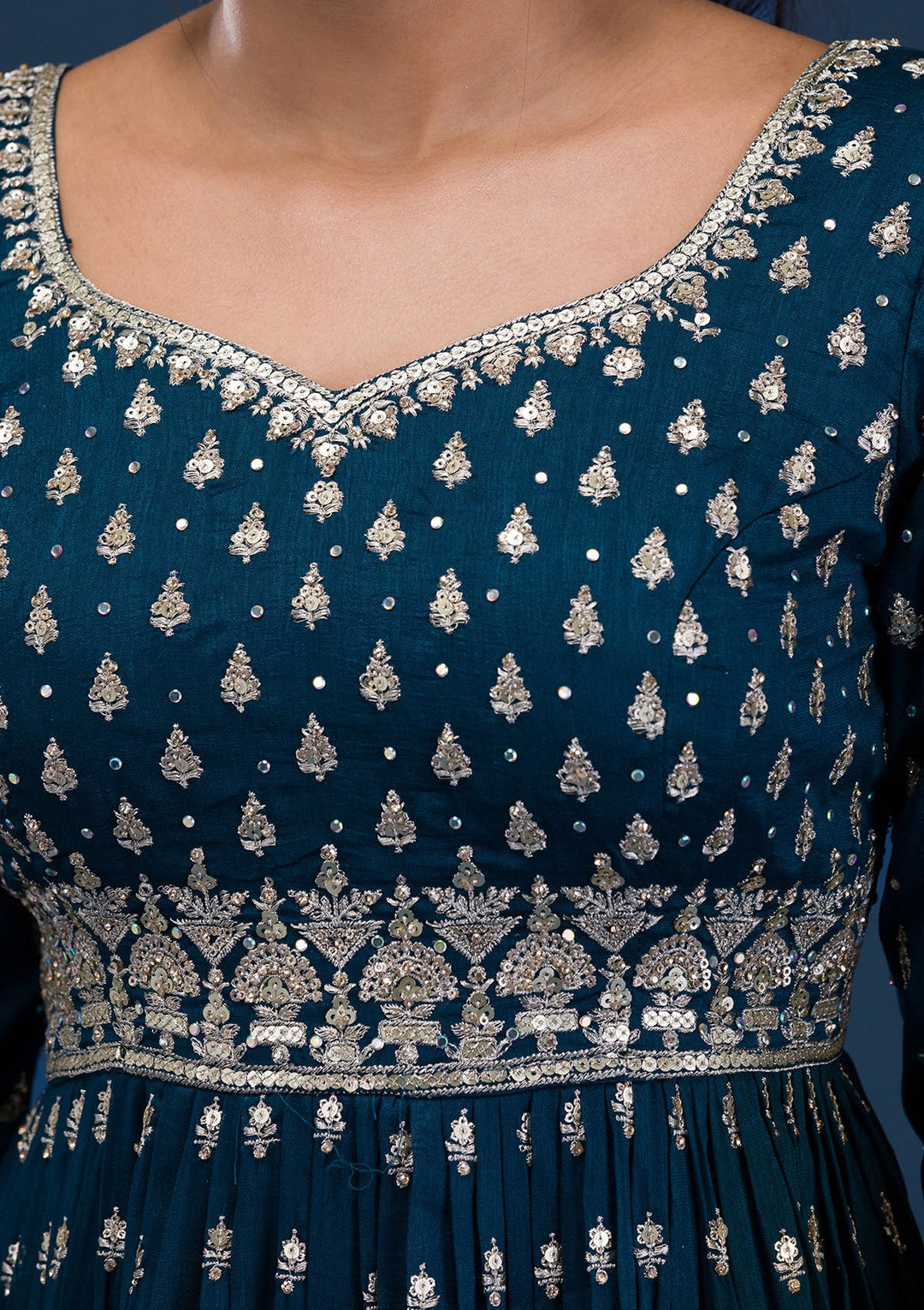 Peacock Blue Zariwork Raw Silk Readymade Salwar Suit-Koskii