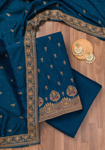 Peacock Blue Zariwork Raw Silk Unstitched Salwar Suit-Koskii