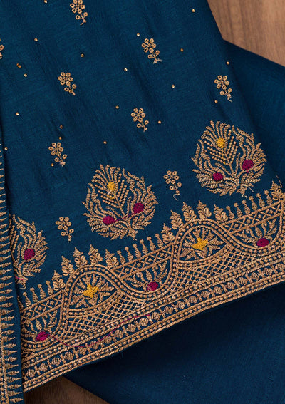 Peacock Blue Zariwork Raw Silk Unstitched Salwar Suit-Koskii