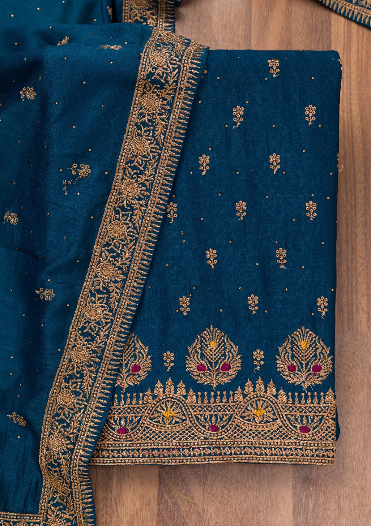 Peacock Blue Zariwork Raw Silk Unstitched Salwar Suit-Koskii