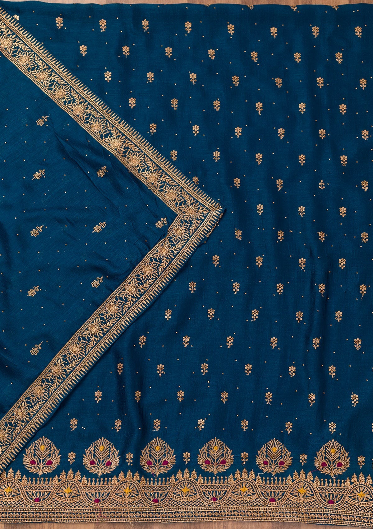 Peacock Blue Zariwork Raw Silk Unstitched Salwar Suit-Koskii