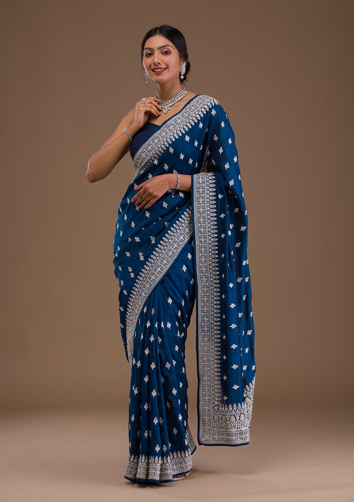 Peacock Blue Zariwork Raw Silk Saree-Koskii