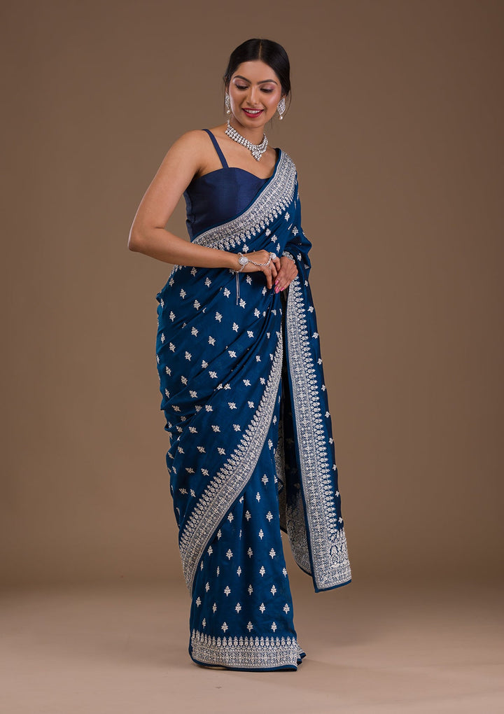 Peacock Blue Zariwork Raw Silk Saree-Koskii