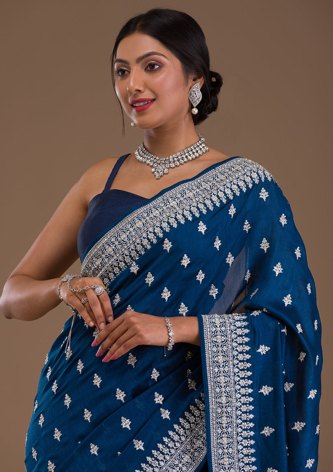 Peacock Blue Zariwork Raw Silk Saree-Koskii