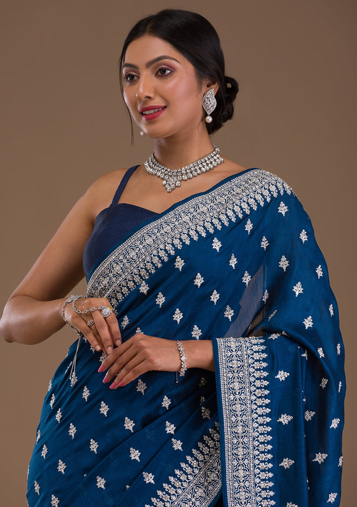 Peacock Blue Zariwork Raw Silk Saree-Koskii