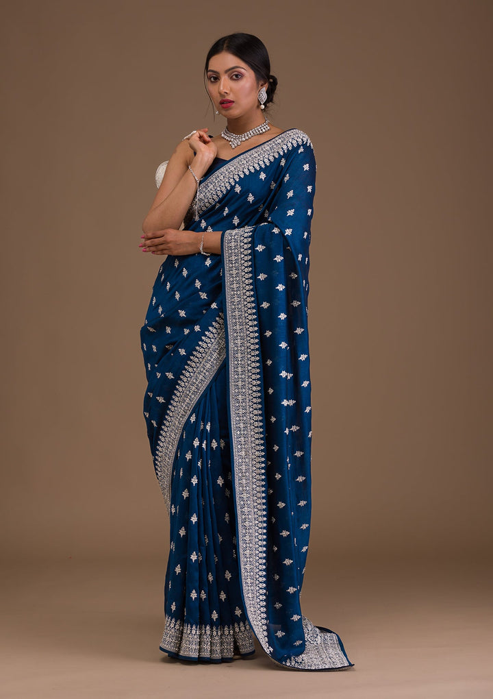 Peacock Blue Zariwork Raw Silk Saree-Koskii
