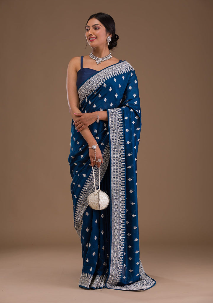 Peacock Blue Zariwork Raw Silk Saree-Koskii