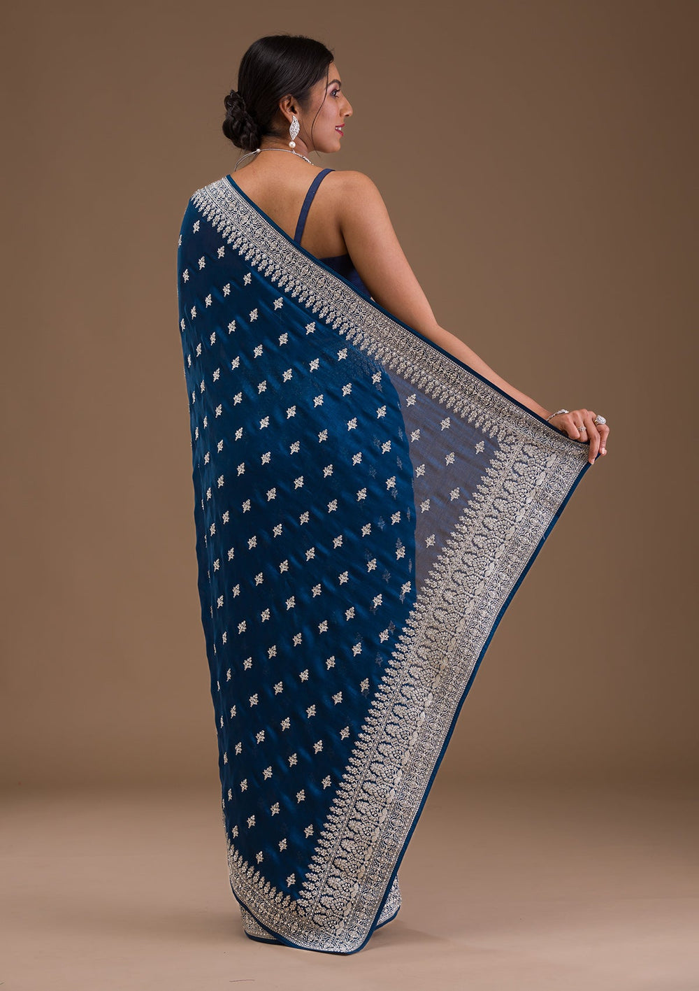 Peacock Blue Zariwork Raw Silk Saree-Koskii
