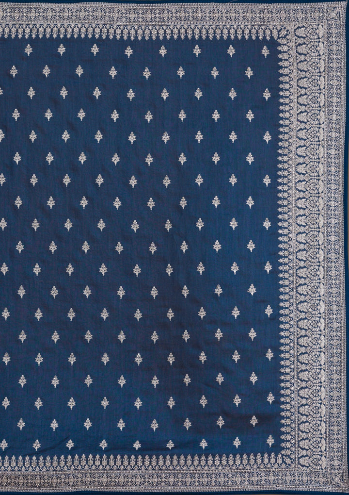 Peacock Blue Zariwork Raw Silk Saree-Koskii