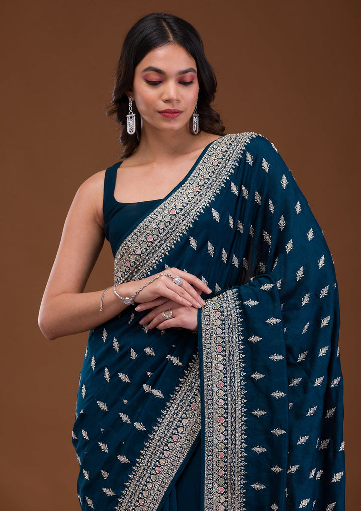 Peacock Blue Zariwork Raw Silk Saree-Koskii