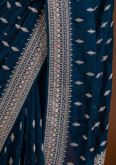 Peacock Blue Zariwork Raw Silk Saree-Koskii