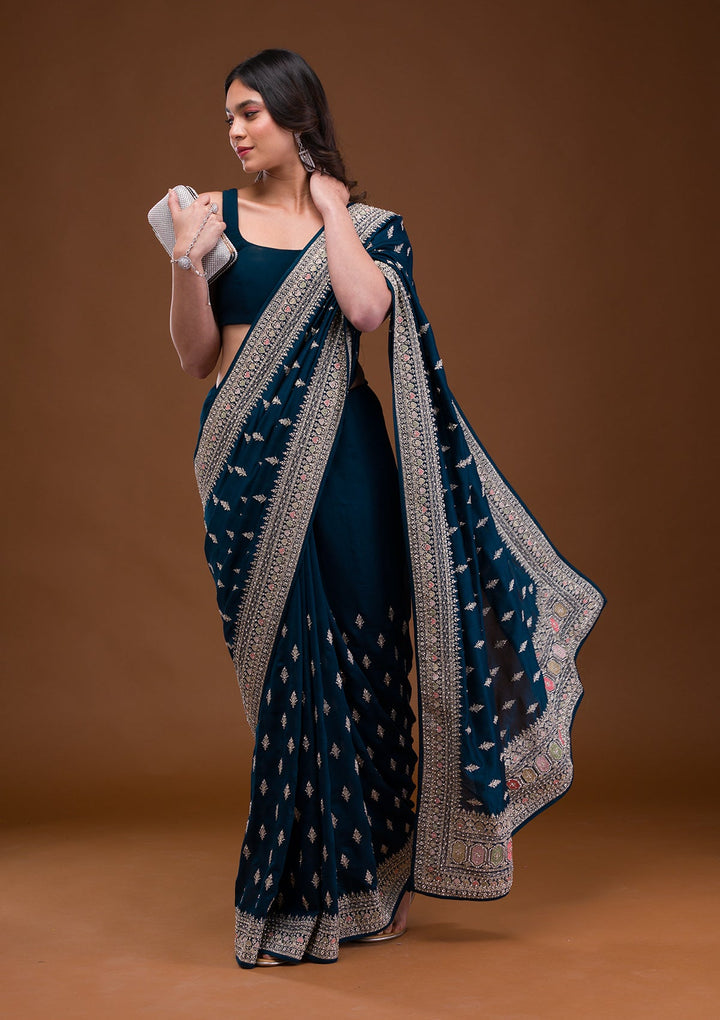 Peacock Blue Zariwork Raw Silk Saree-Koskii
