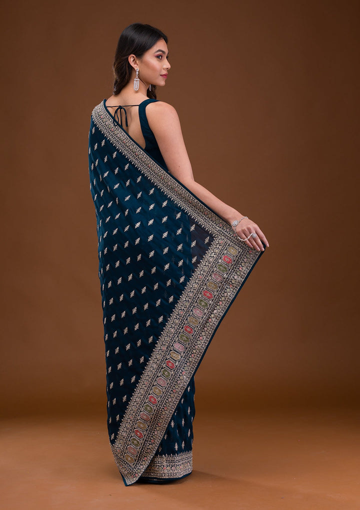 Peacock Blue Zariwork Raw Silk Saree-Koskii