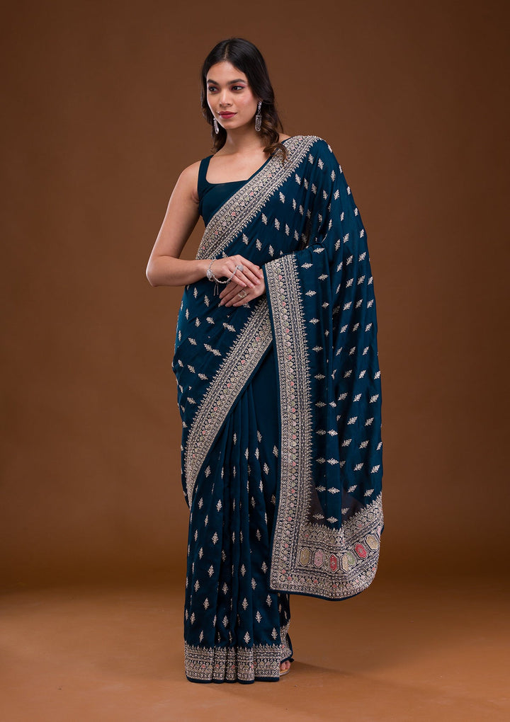 Peacock Blue Zariwork Raw Silk Saree-Koskii