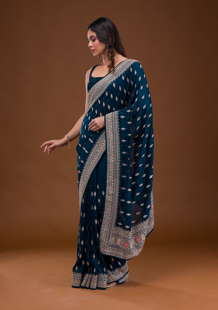 Peacock Blue Zariwork Raw Silk Saree-Koskii
