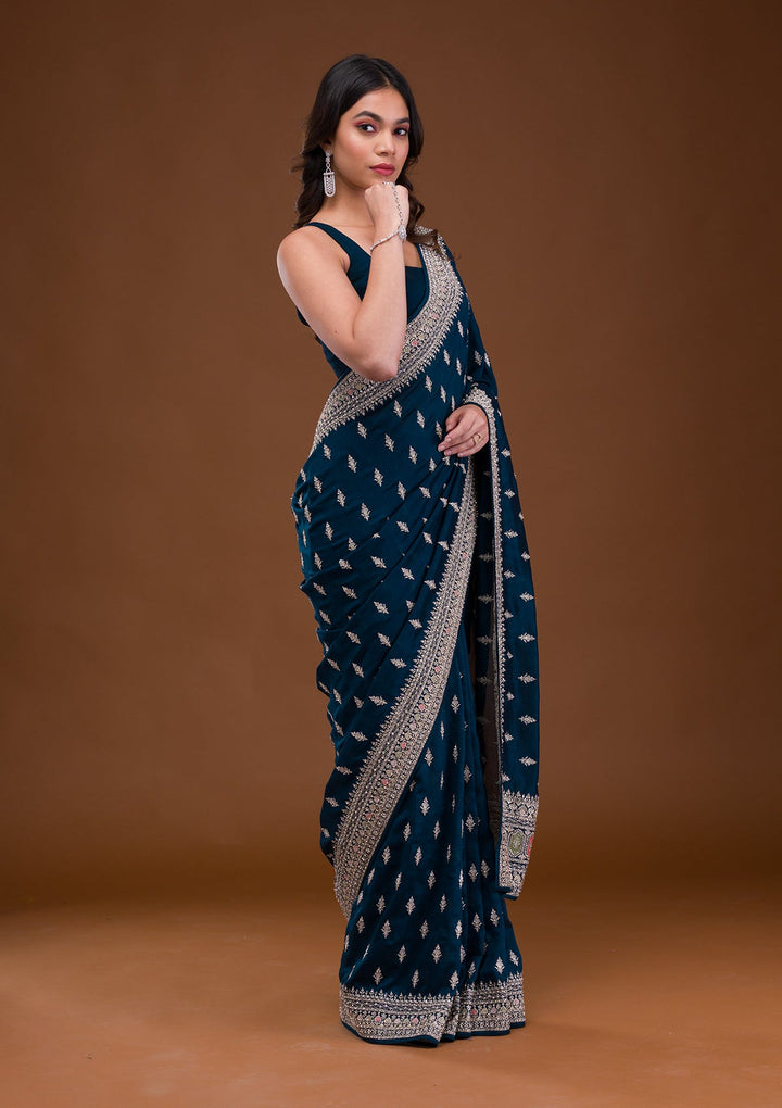Peacock Blue Zariwork Raw Silk Saree-Koskii