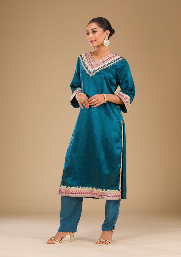 Peacock Blue Zariwork Satin Readymade Salwar Suit-Koskii