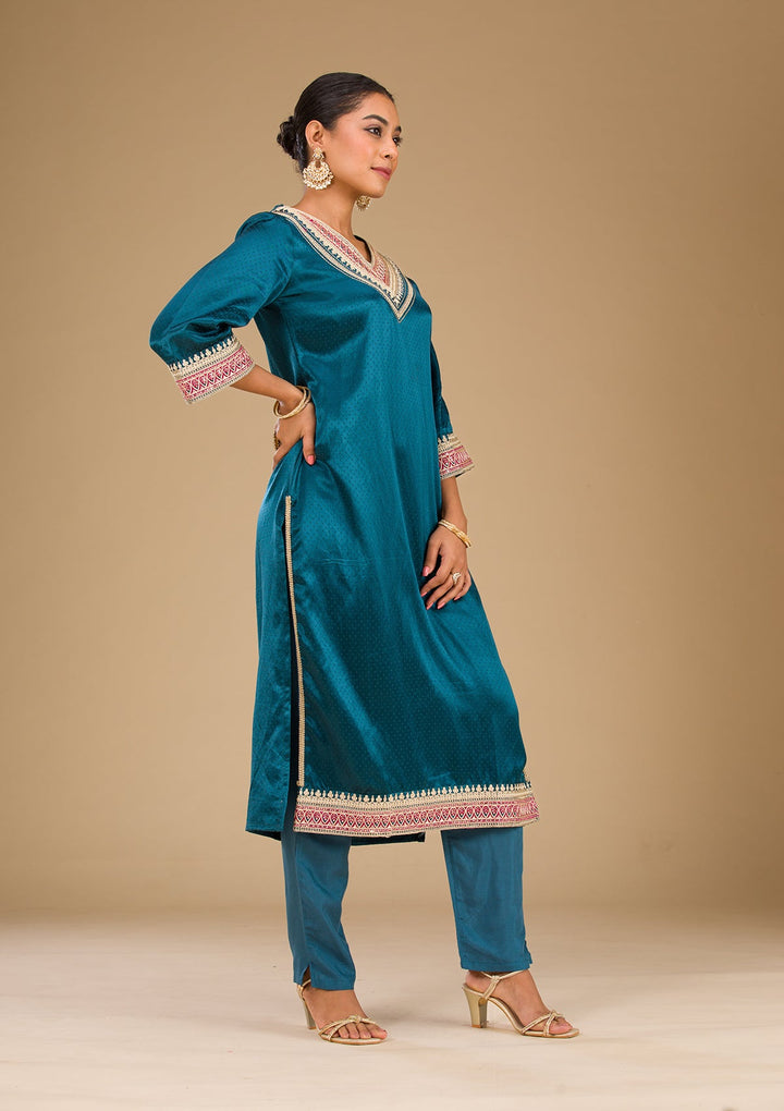 Peacock Blue Zariwork Satin Readymade Salwar Suit-Koskii
