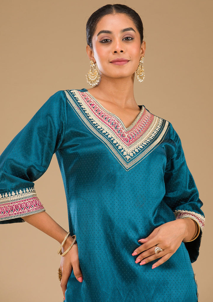 Peacock Blue Zariwork Satin Readymade Salwar Suit-Koskii