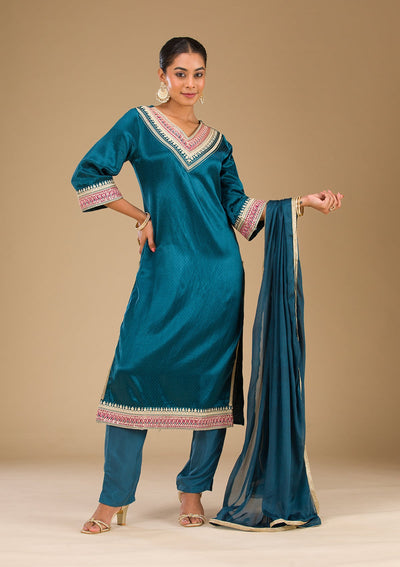 Peacock Blue Zariwork Satin Readymade Salwar Suit-Koskii