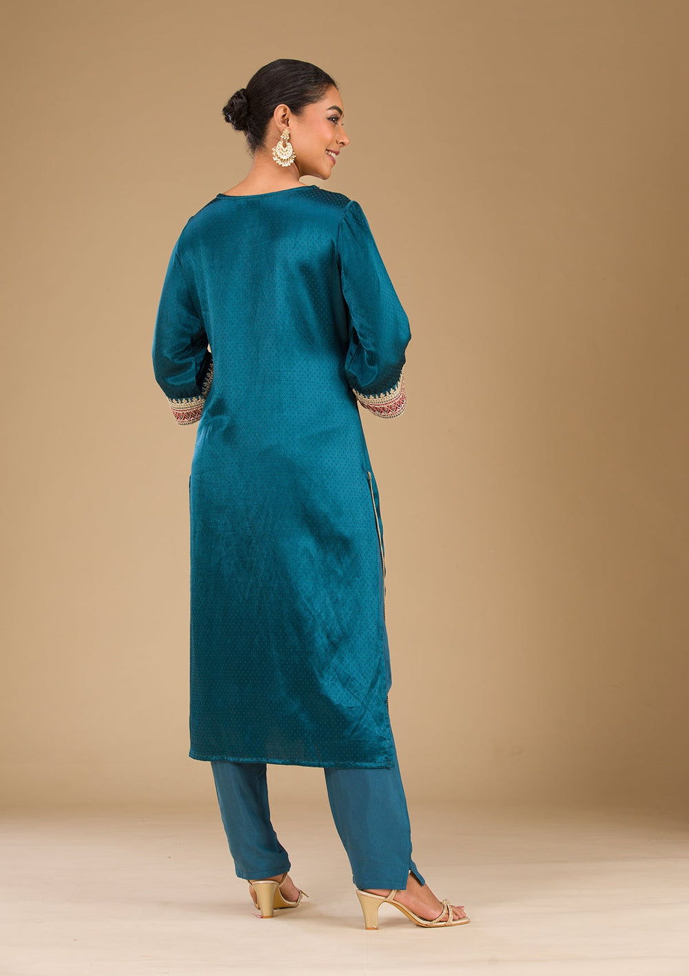 Peacock Blue Zariwork Satin Readymade Salwar Suit-Koskii