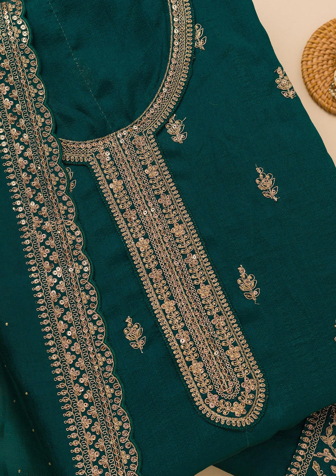 Peacock Blue Zariwork Satin Unstitched Salwar Suit