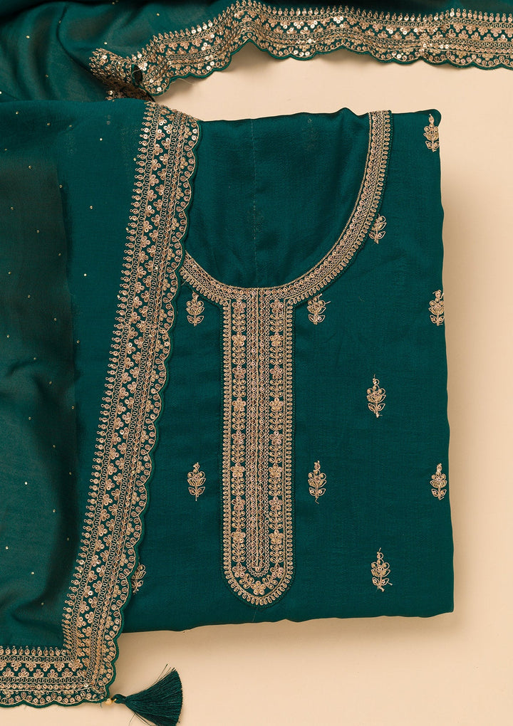 Peacock Blue Zariwork Satin Unstitched Salwar Suit