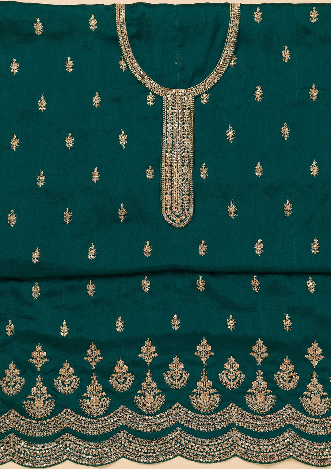 Peacock Blue Zariwork Satin Unstitched Salwar Suit