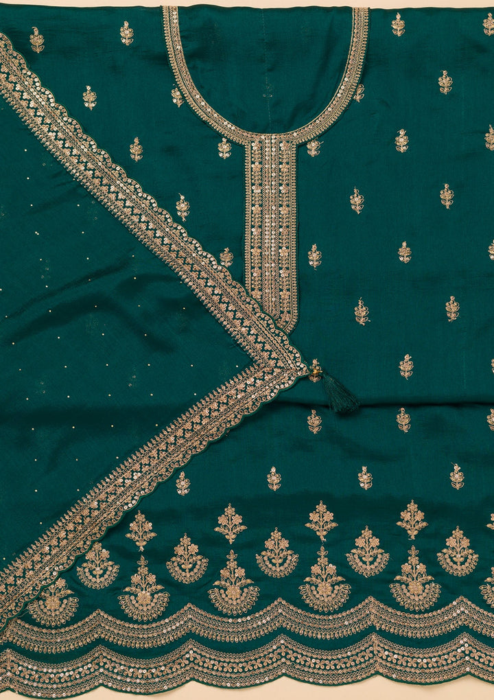 Peacock Blue Zariwork Satin Unstitched Salwar Suit