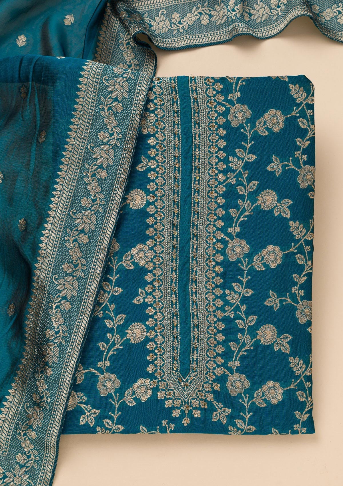 Peacock Blue Zariwork Satin Unstitched Salwar Suit