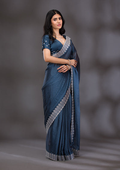 Peacock Blue Zariwork Satin Saree-Koskii