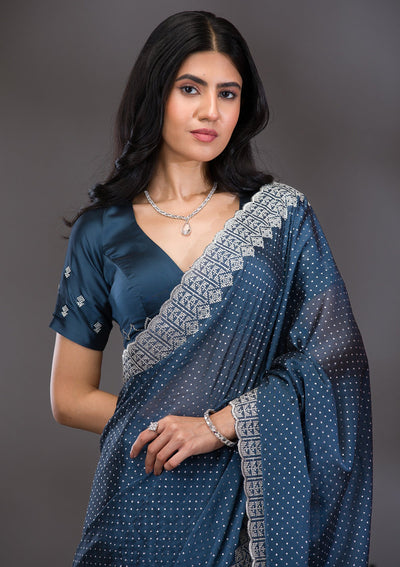 Peacock Blue Zariwork Satin Saree-Koskii