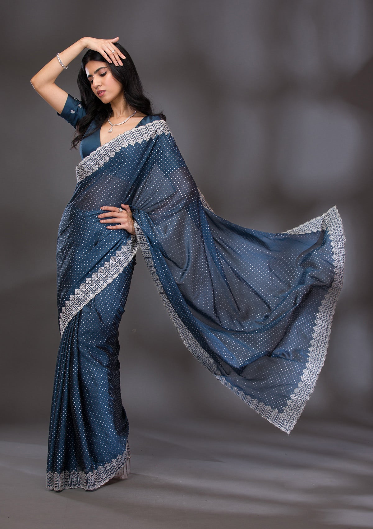 Peacock Blue Zariwork Satin Saree-Koskii