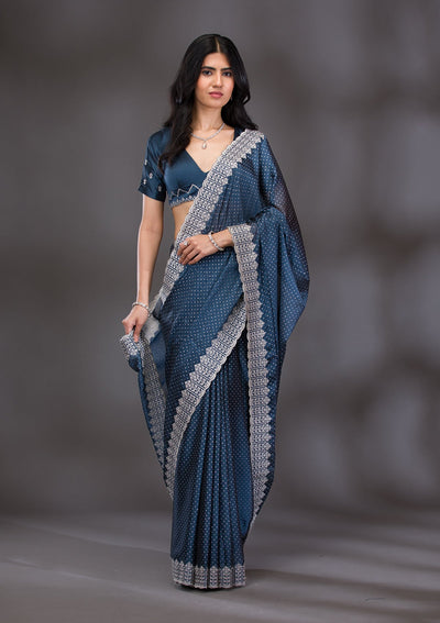 Peacock Blue Zariwork Satin Saree-Koskii