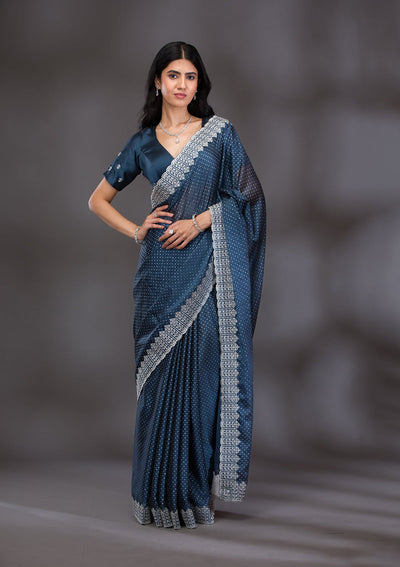 Peacock Blue Zariwork Satin Saree-Koskii