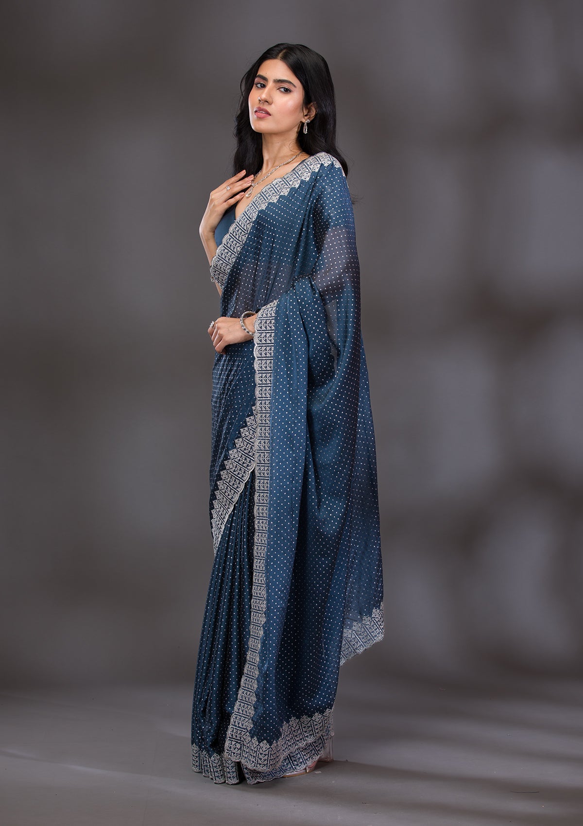 Peacock Blue Zariwork Satin Saree-Koskii