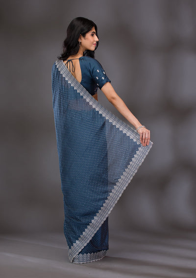 Peacock Blue Zariwork Satin Saree-Koskii