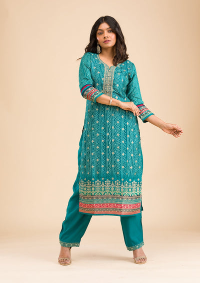 Peacock Blue Zariwork Semi Crepe Readymade Salwar Kameez-Koskii