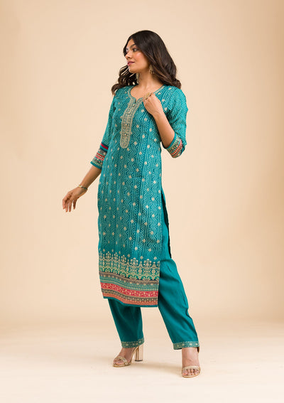 Peacock Blue Zariwork Semi Crepe Readymade Salwar Kameez-Koskii