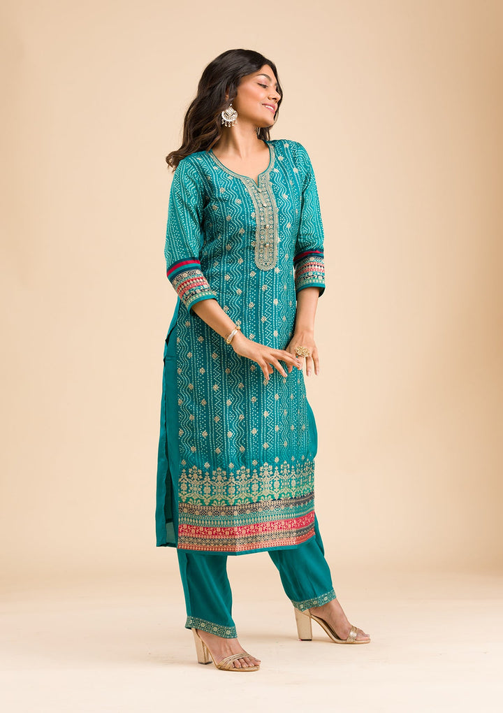 Peacock Blue Zariwork Semi Crepe Readymade Salwar Kameez-Koskii