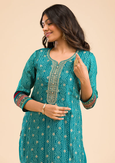 Peacock Blue Zariwork Semi Crepe Readymade Salwar Kameez-Koskii